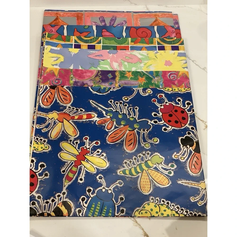 Vintage Gift Wrap Sheets 90s Y2K Retro Funky Set of 6 Open Birthday Bugs Floral
